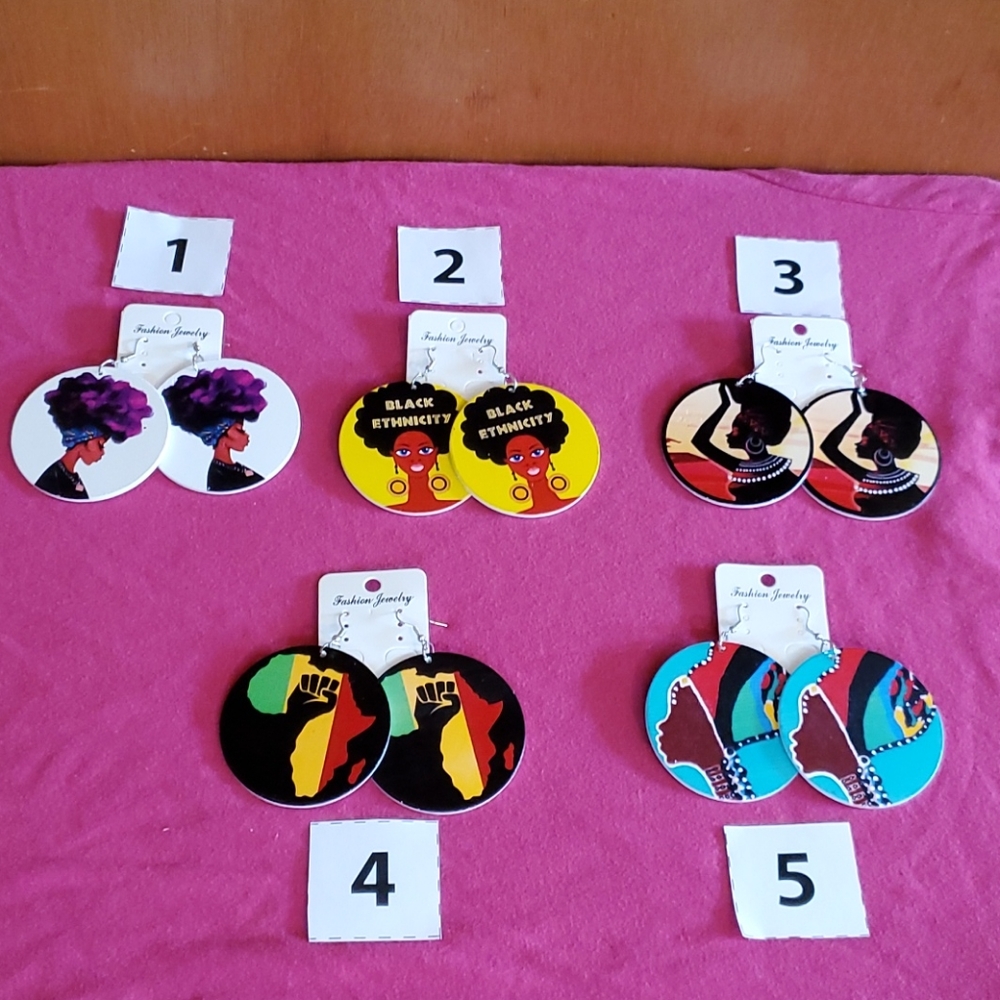 Wooden African Print Pierced Earrings